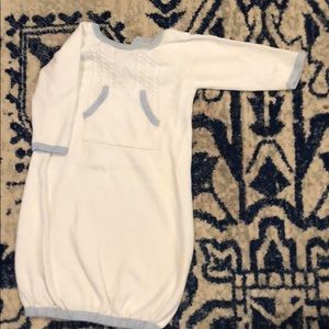 0-3 month sweater gown, white and light blue trim